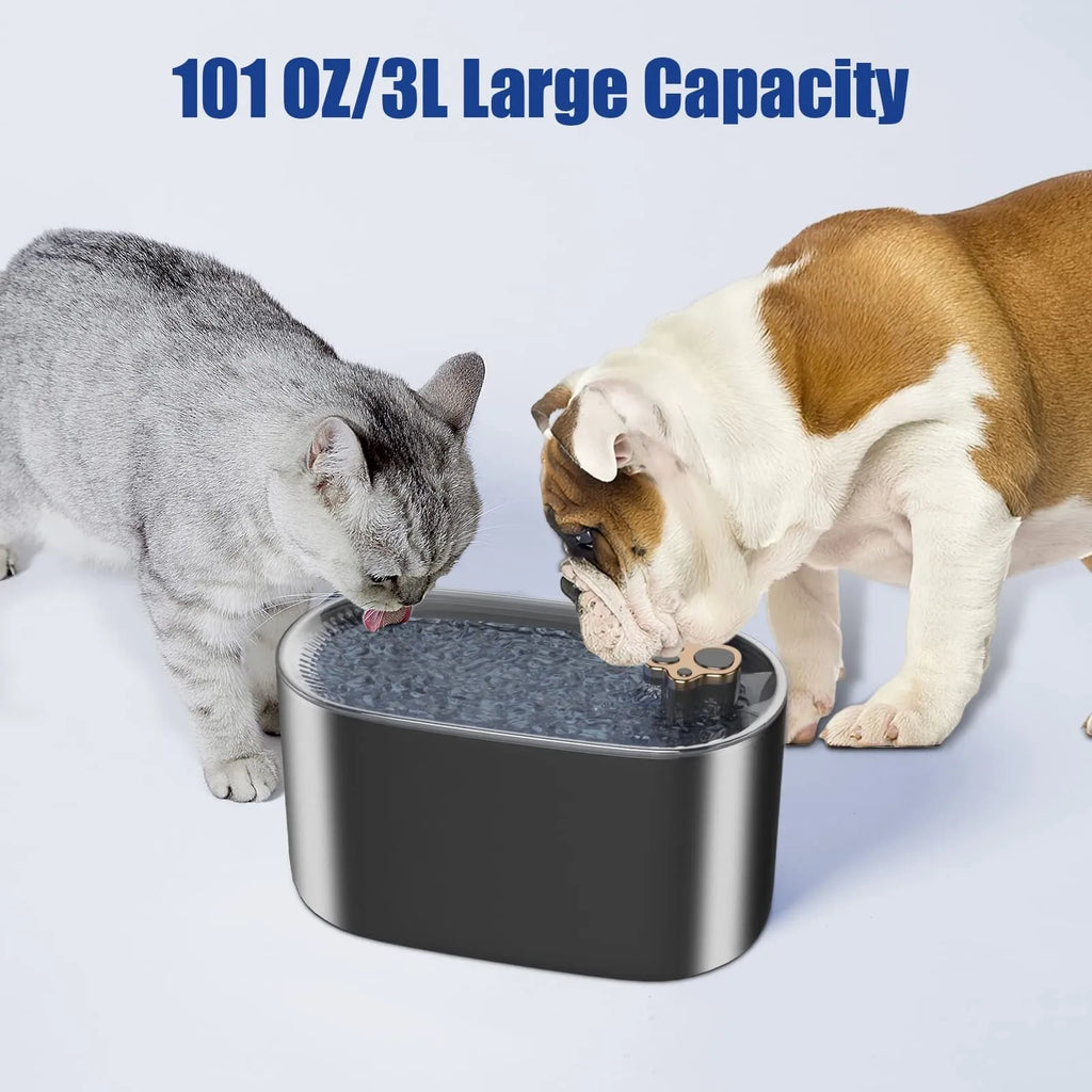 Berlin blue coloured 3-litre pet water fountain with filter and LED light indicator on a floor.
