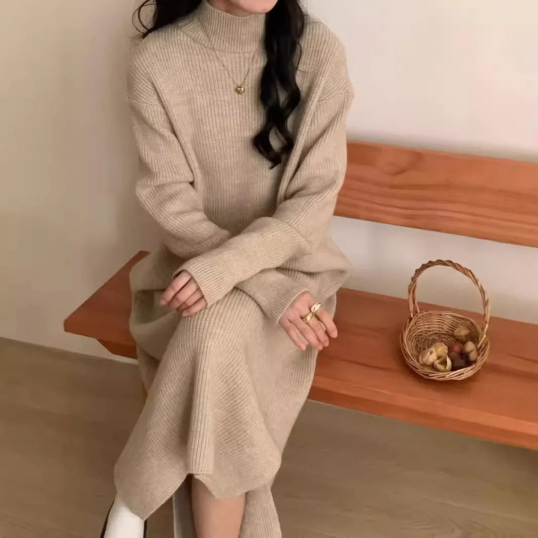 Women's half turtleneck knitted dress in acrylic fabric with high waist and midi length