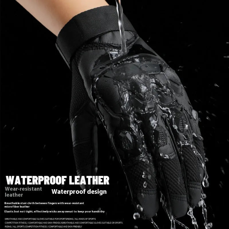 Men's black tactical full finger gloves with touch screen compatible fingertips on hand