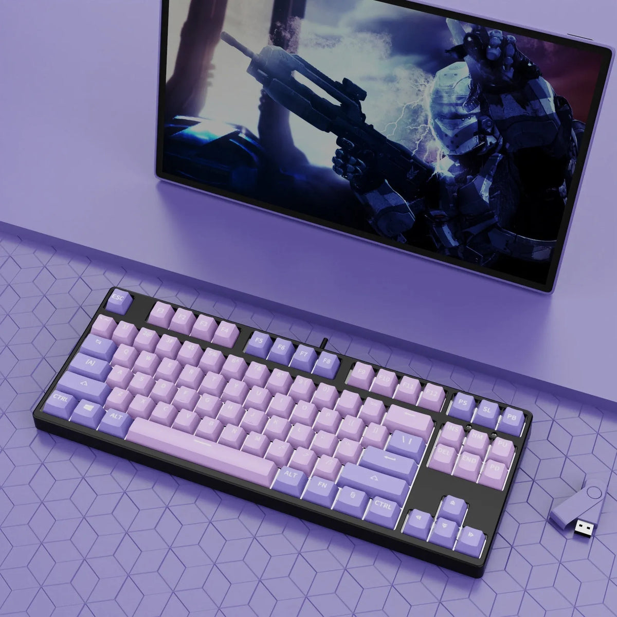 87-key wired mechanical keyboard with hot-swappable switches showing two-tone colour options