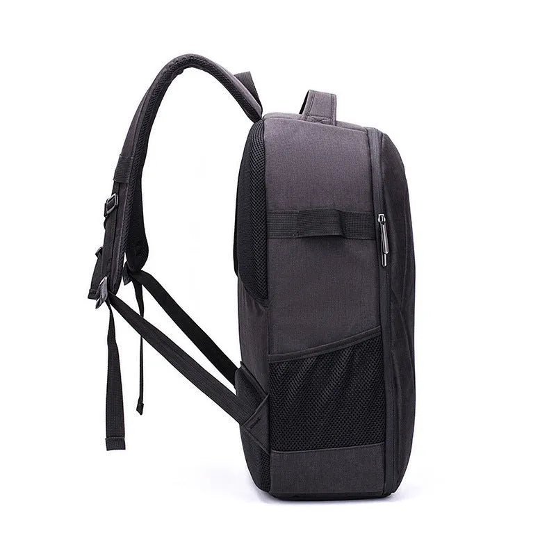 Black waterproof Oxford cloth drone backpack with multiple internal compartments for equipment organisation