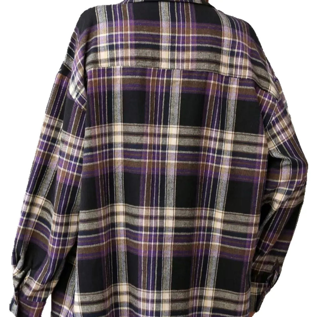 Women's loose fit plaid shirt in cotton fabric showing black, green and purple colour options