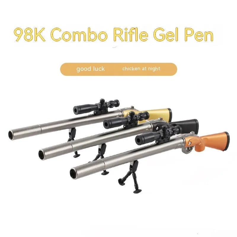 Chicken 98K Sniper Rifle shaped plastic gel pen with 0.5mm tip shown next to Ace Agent Black and Blue ink options.