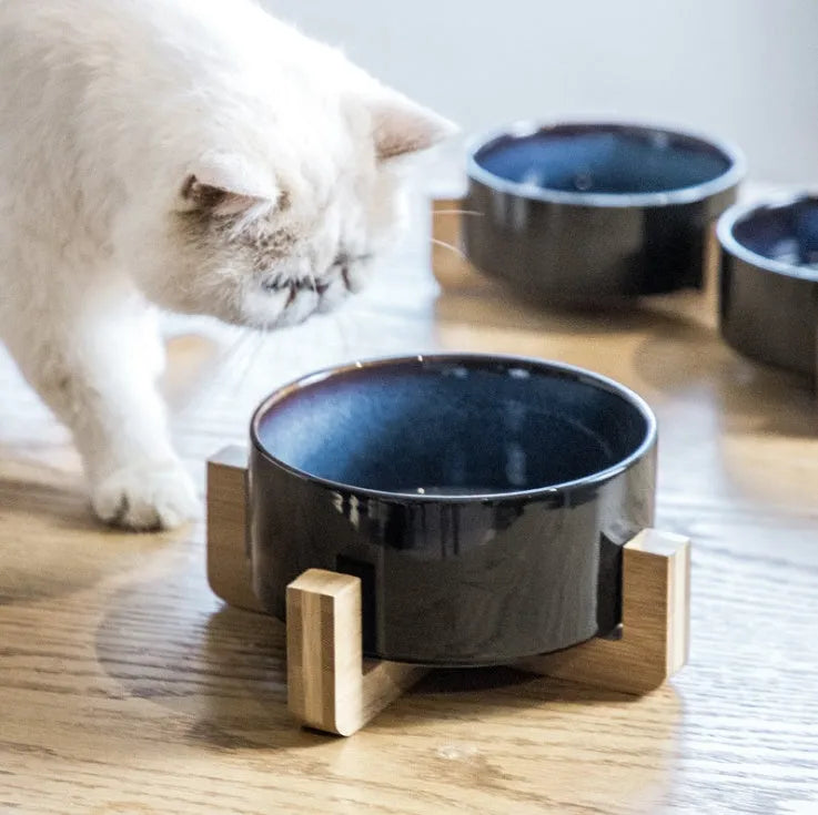 Ceramic cat bowl in 13cm or 15.5cm with Bowl, Double Wooden, or Wooden frame style