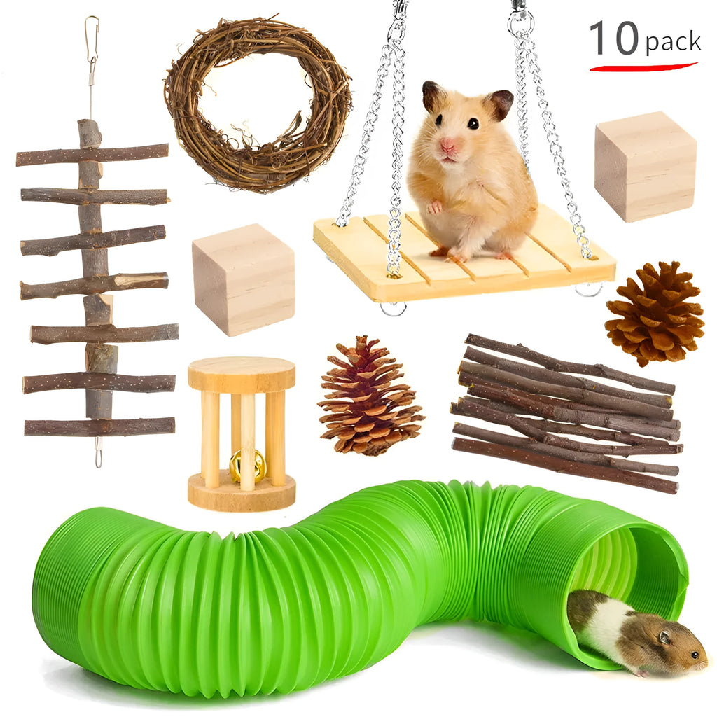 Assortment of wooden chew blocks and natural fibre toys for rabbits, guinea pigs, and parrots