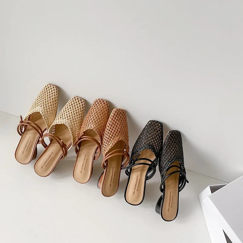 Women's French style square toe slippers with hollow-out design and chunky heel in black colour