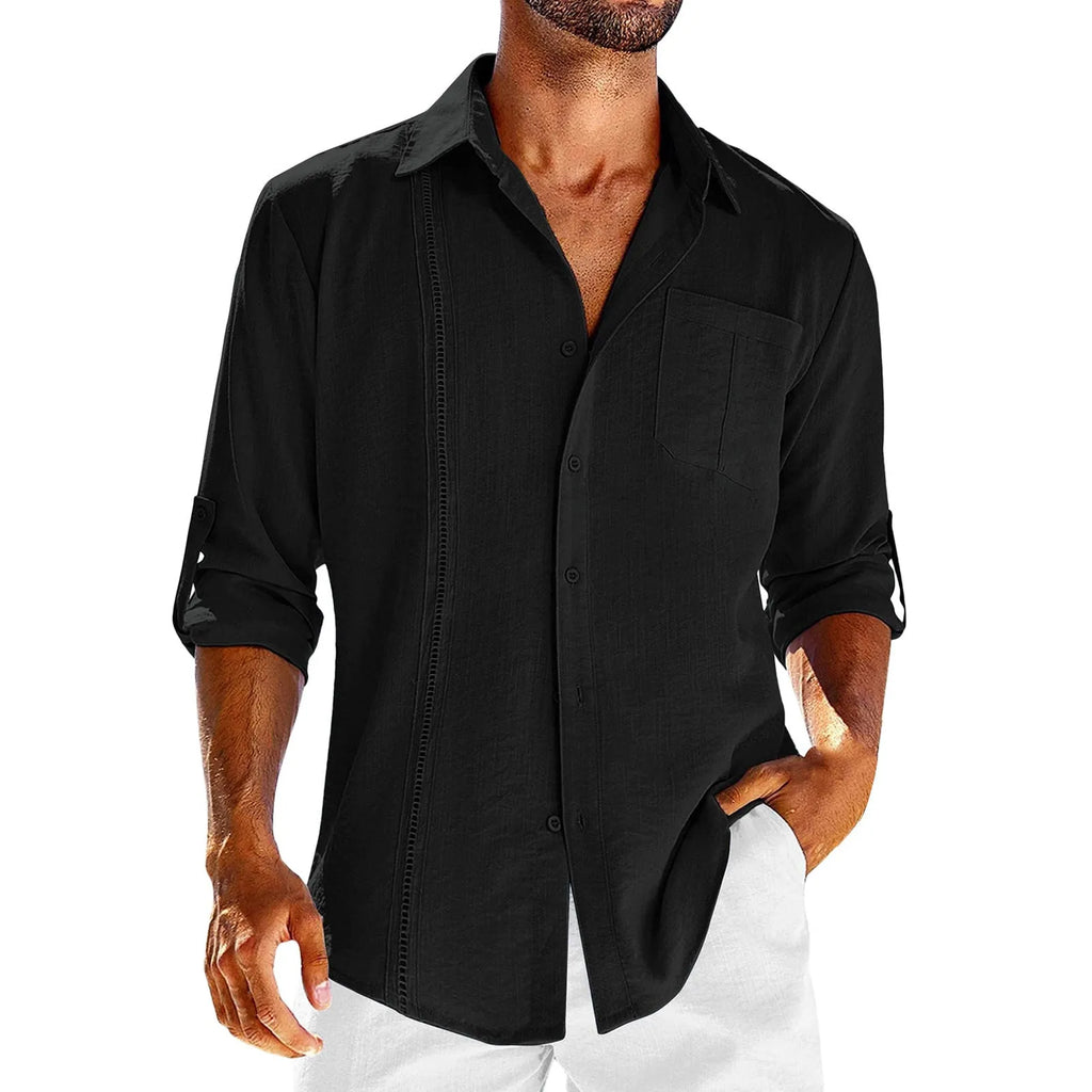 Men's casual long sleeve cotton blend shirt with lace polo collar and pocket in a solid colour.
