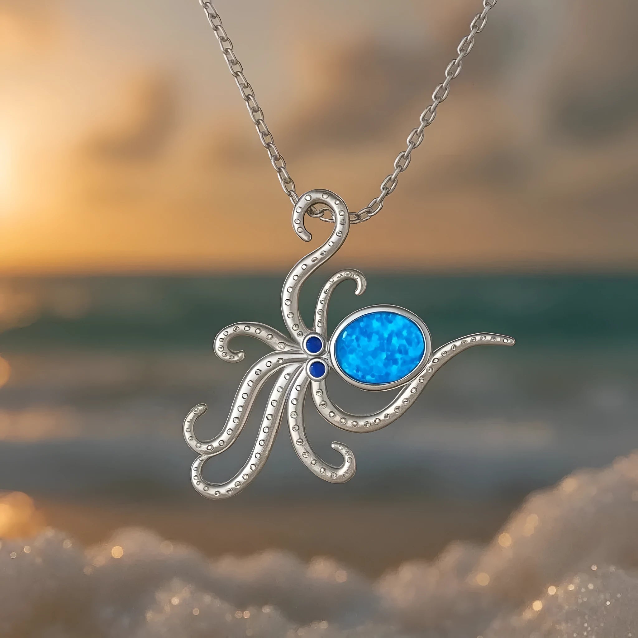 Silver octopus necklace with opal stone inlay on stainless steel box chain