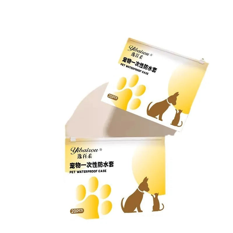White disposable waterproof shoe covers for dogs with non-slip soles in S and M sizes