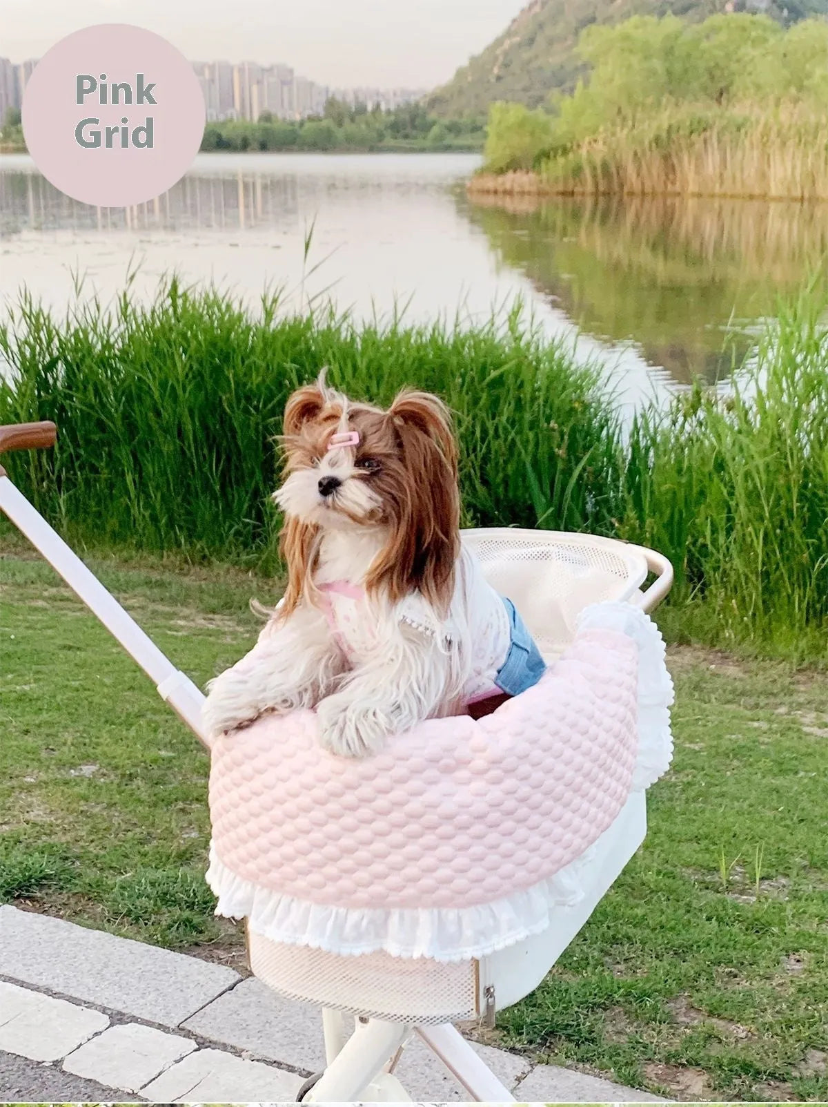 Pure cotton pet stroller accessory set showing removable towel, cushion and pillow in striped pattern