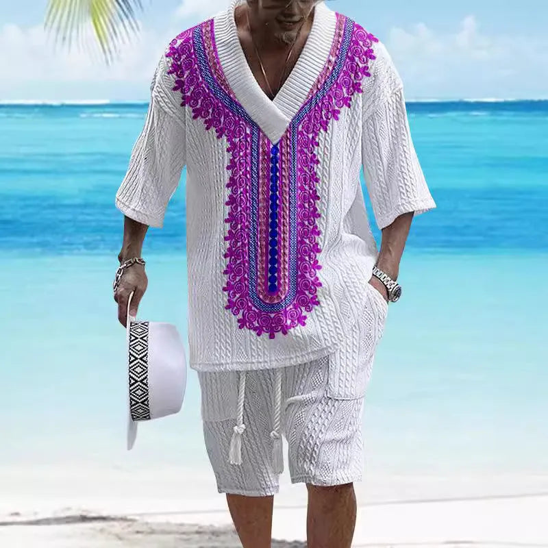 Men's grey printed knitted shorts suit with drop-shoulder short-sleeved top on a hanger.