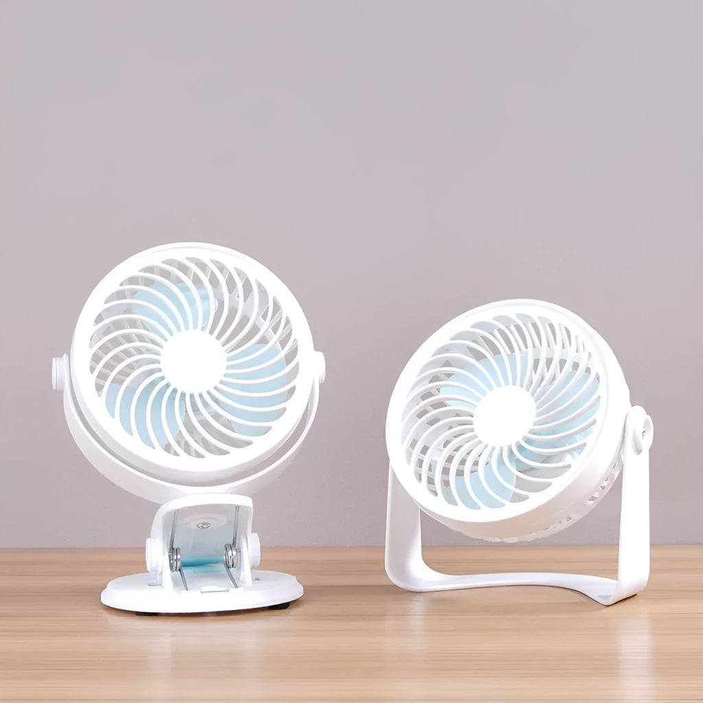 Mini USB desk fan in clip and floor standing styles on a wooden desk
