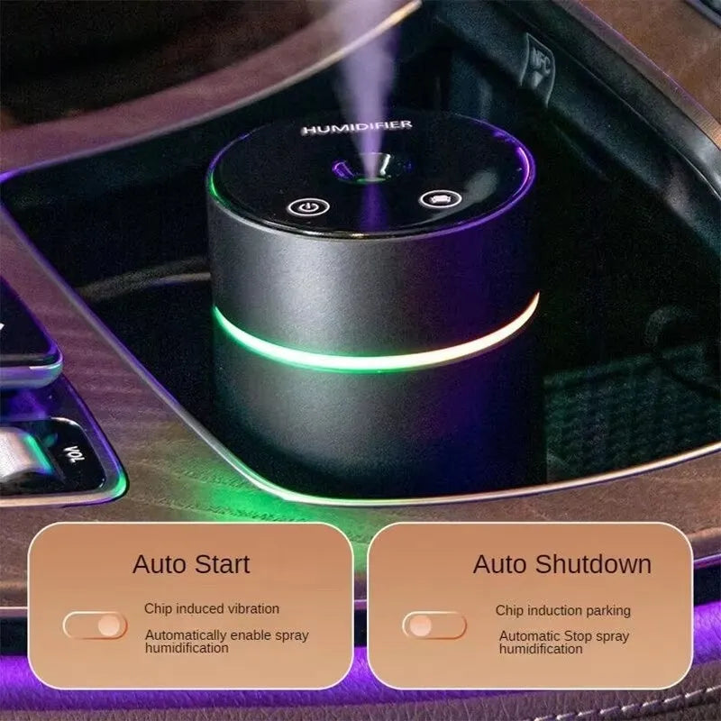 Aluminium car humidifier diffuser with night light, 260ml capacity, 66mm cube design
