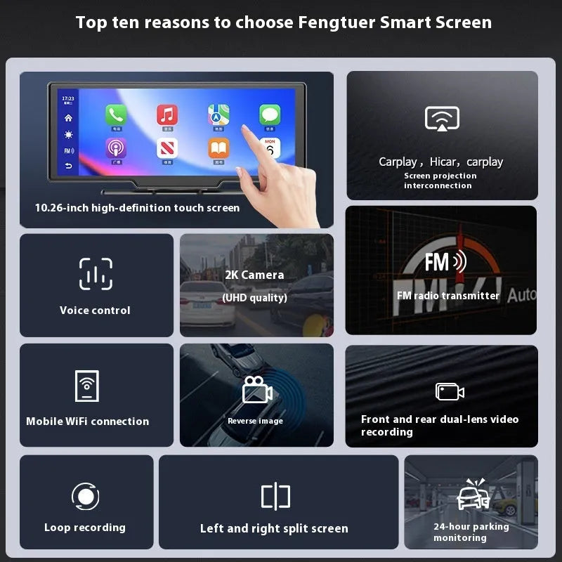 10-inch car smart screen with Apple CarPlay and driving recorder functions displayed in vehicle dashboard