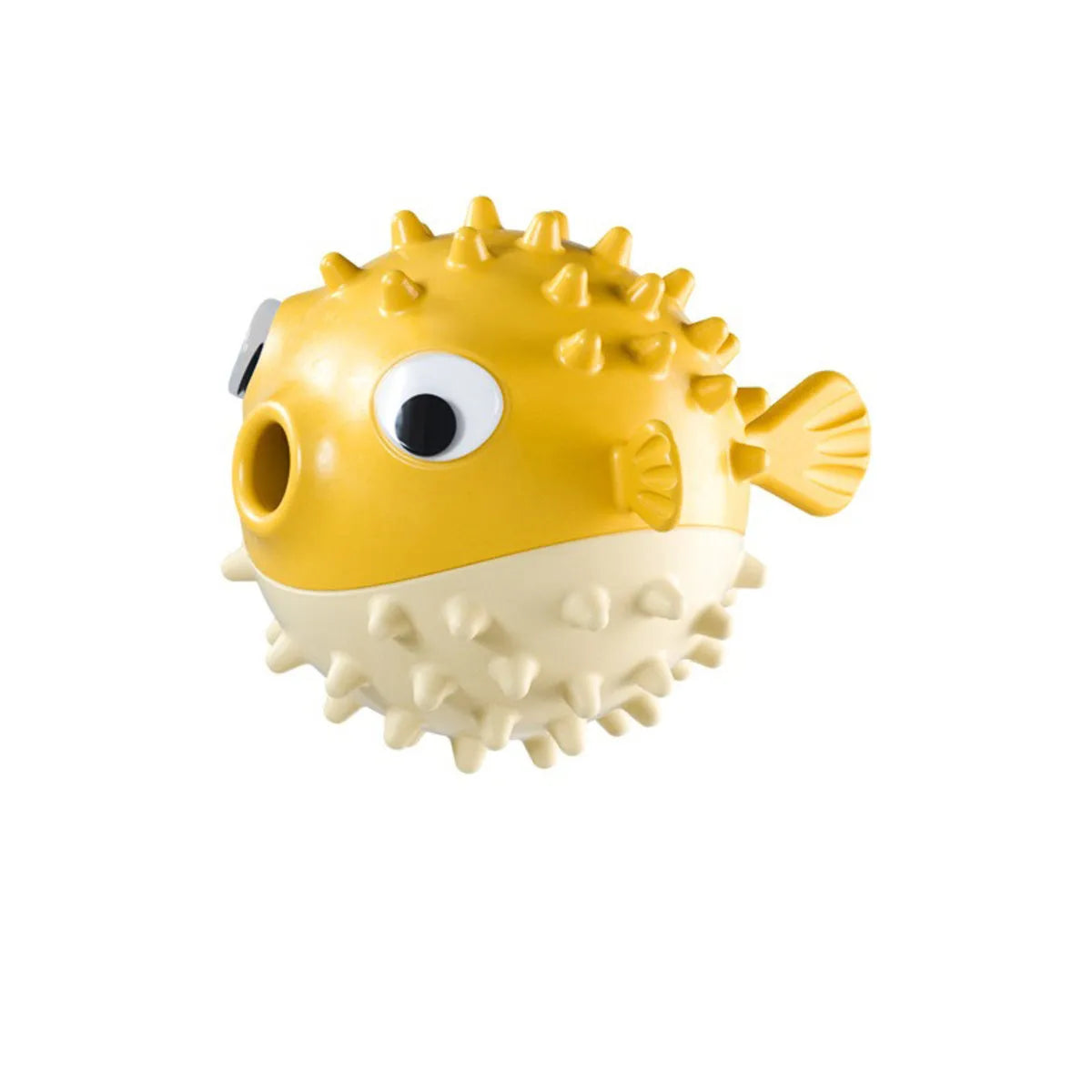 Yellow vinyl fish-shaped dog chew toy with textured surface for aggressive chewers.
