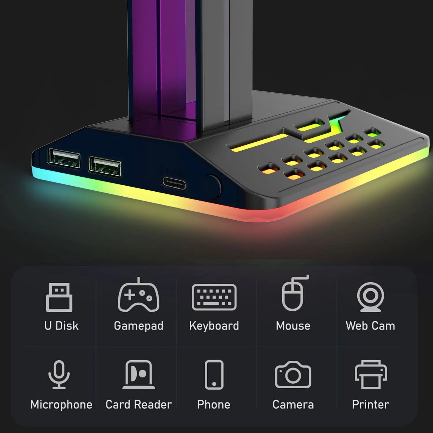 Acrylic headphone display stand with RGB lighting bracket and dual USB ports