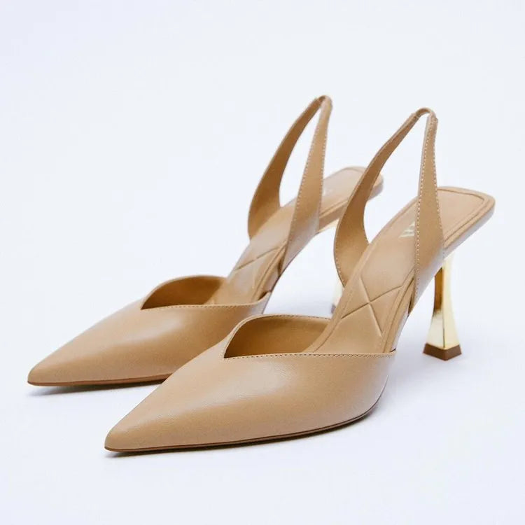 Women's nude pointed patent leather high heels in apricot and black colours with shallow mouth design