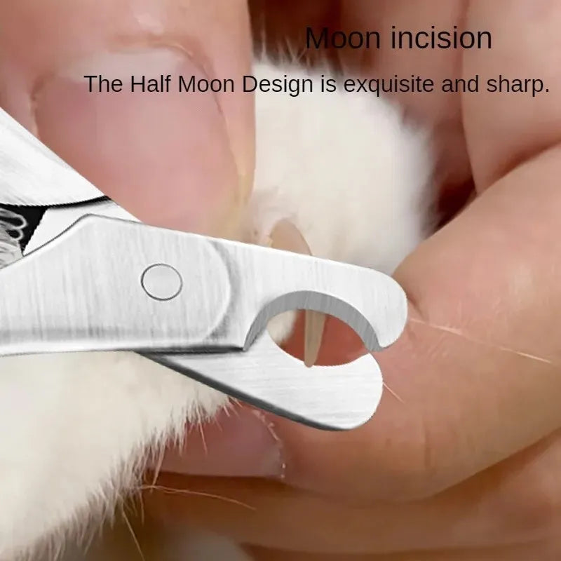 Silver professional pet nail clipper with curved stainless steel blade and finger guard for dog and cat grooming.