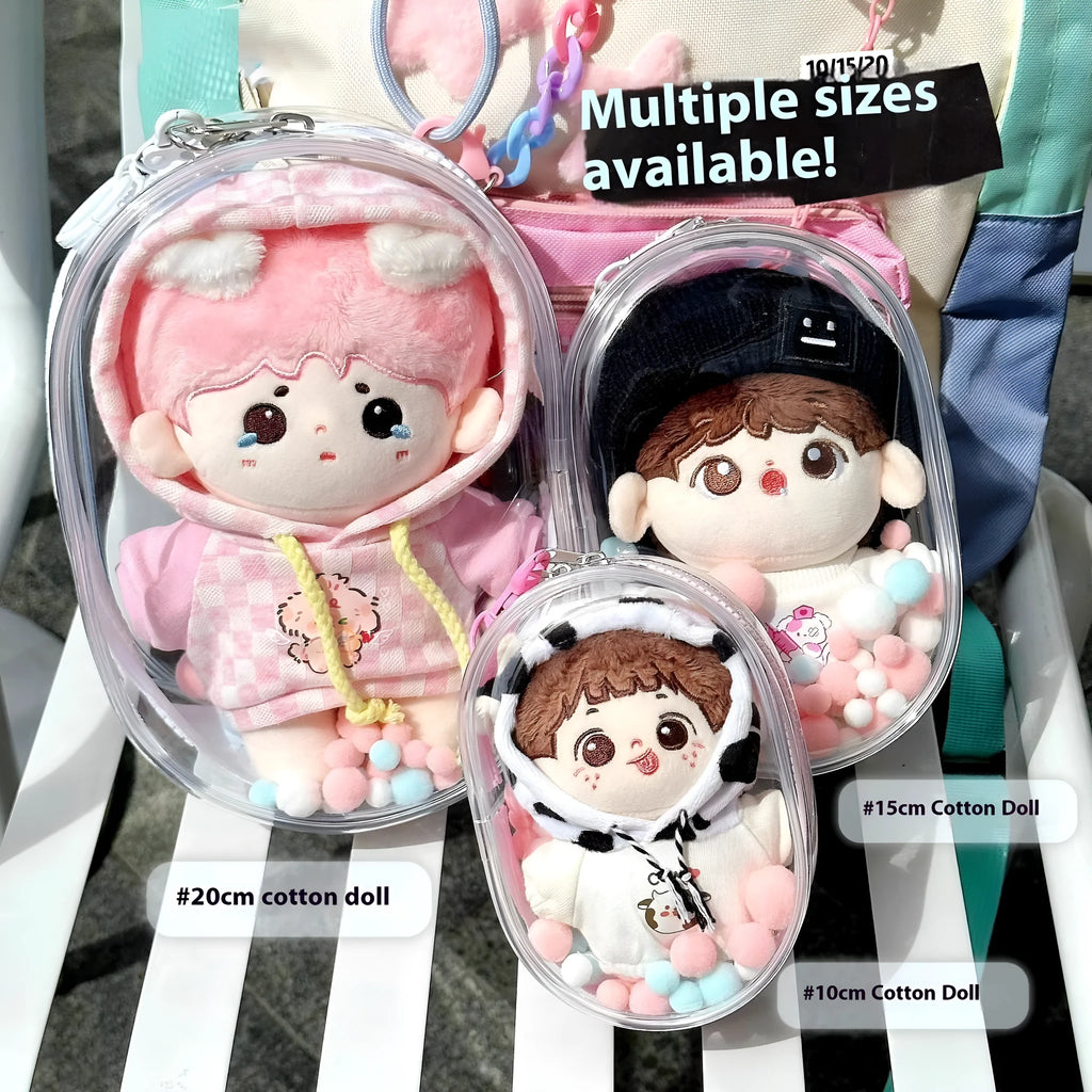 Transparent PVC cube storage bag for cotton dolls with colourful ball keychain in 17cm size.