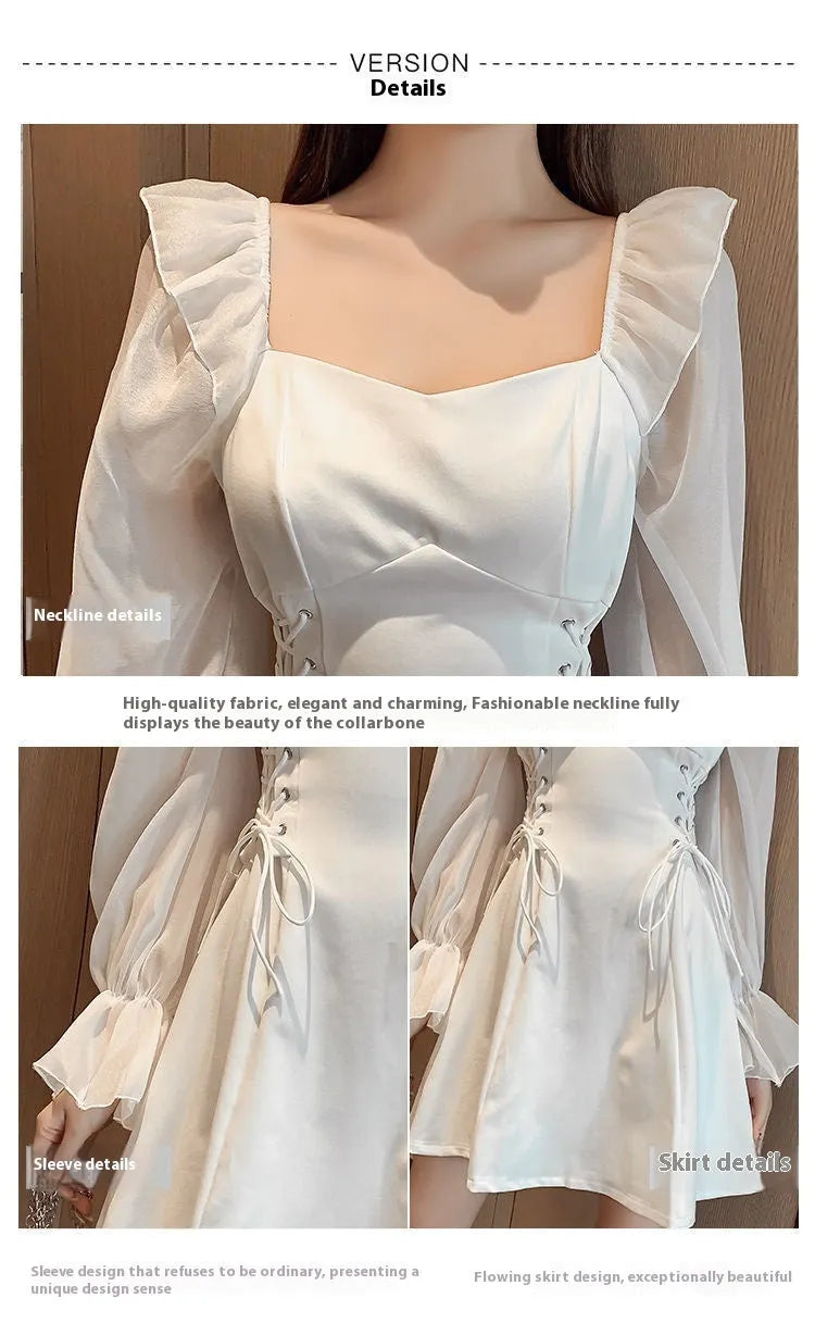 White women's chiffon patchwork dress with waist-slimming design and long sleeves