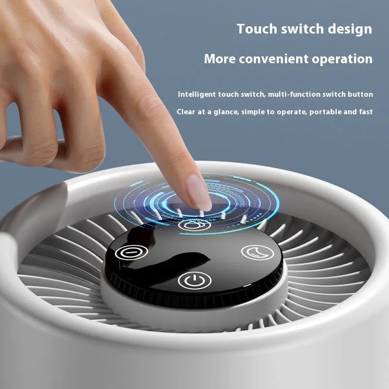White USB desktop air purifier on a table with Type-C cable and aromatherapy tablets
