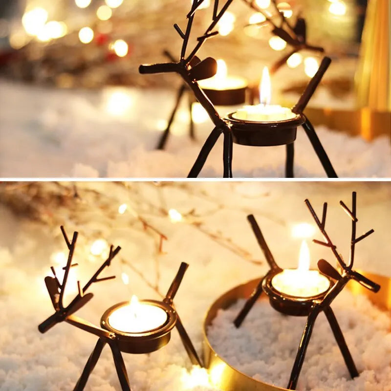 Black iron Christmas deer candlestick with elk bracket design for festive table decoration
