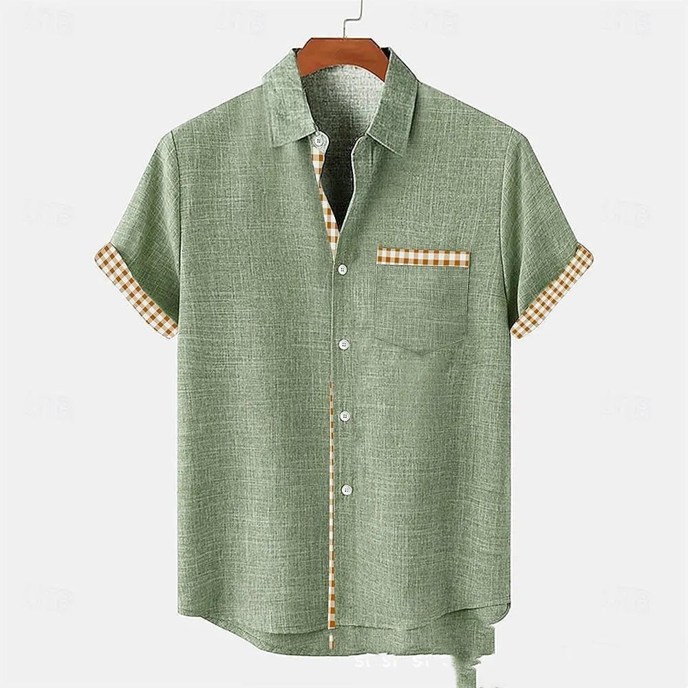 Linen loose-fit short sleeve casual shirt with an ocean fish pattern on the lapel.