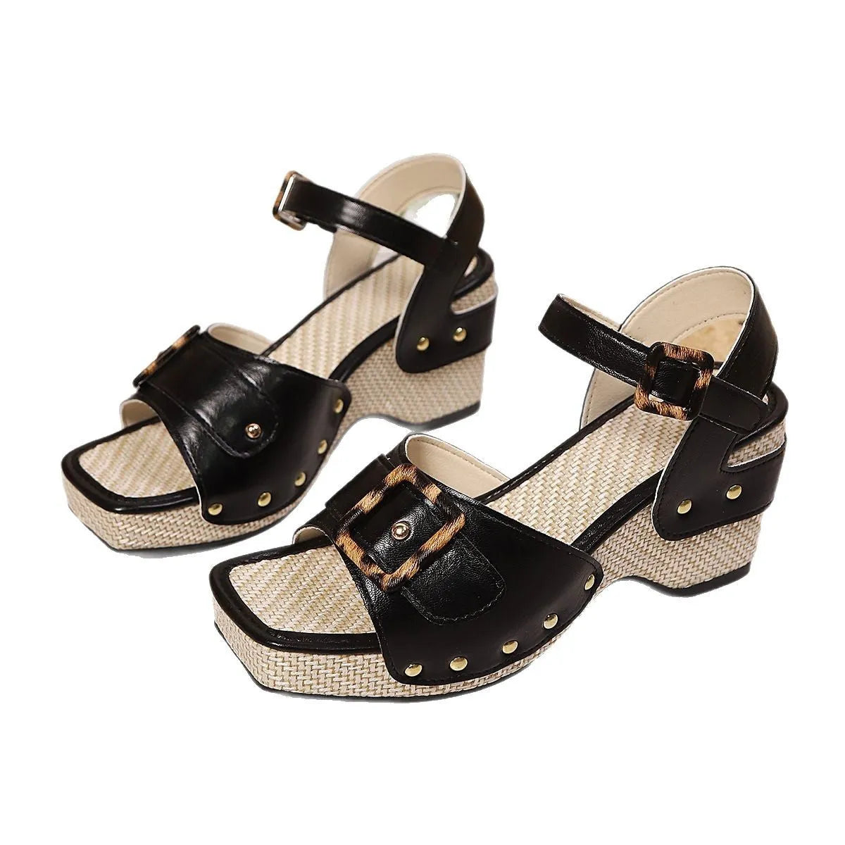 Women's black chunky heel sandals with metal buckle and square toe design on rubber sole