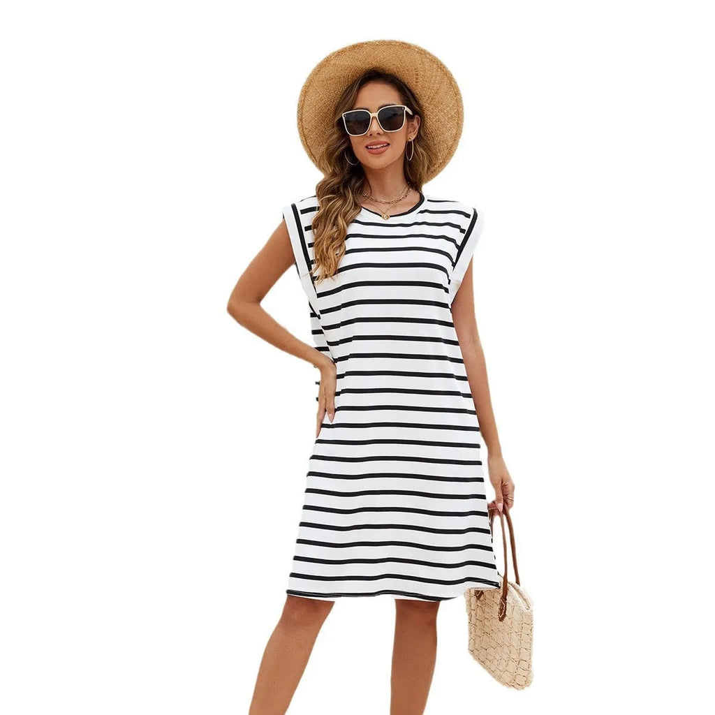 Women's black and white striped polyester beach cover-up blouse for swimming