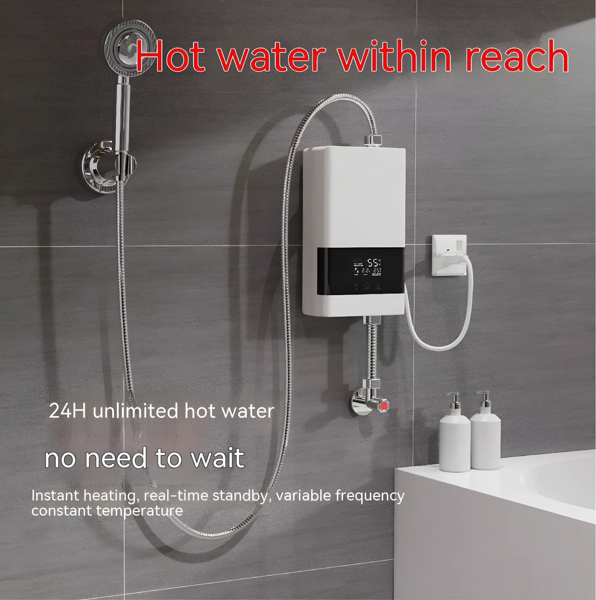 Gold household instantaneous electric water heater with LED touch screen and remote control.