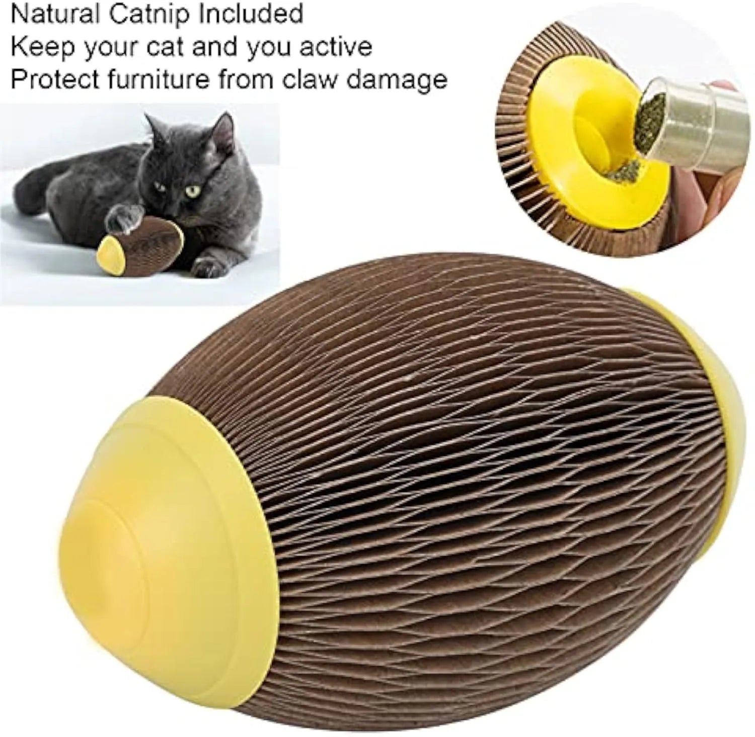 Elliptical corrugated paper catnip football toy with removable cover for catnip insertion