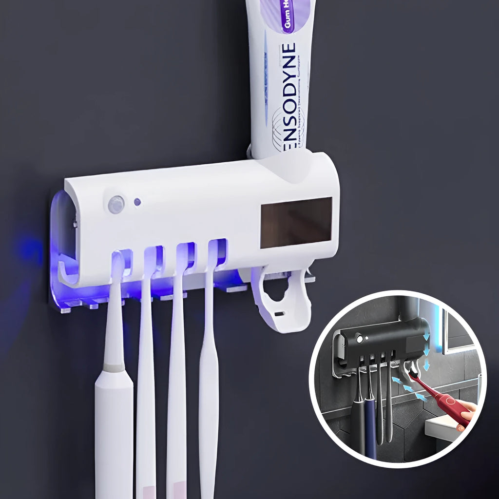 Black intelligent UV toothbrush steriliser with automatic toothpaste squeezer mounted on bathroom wall