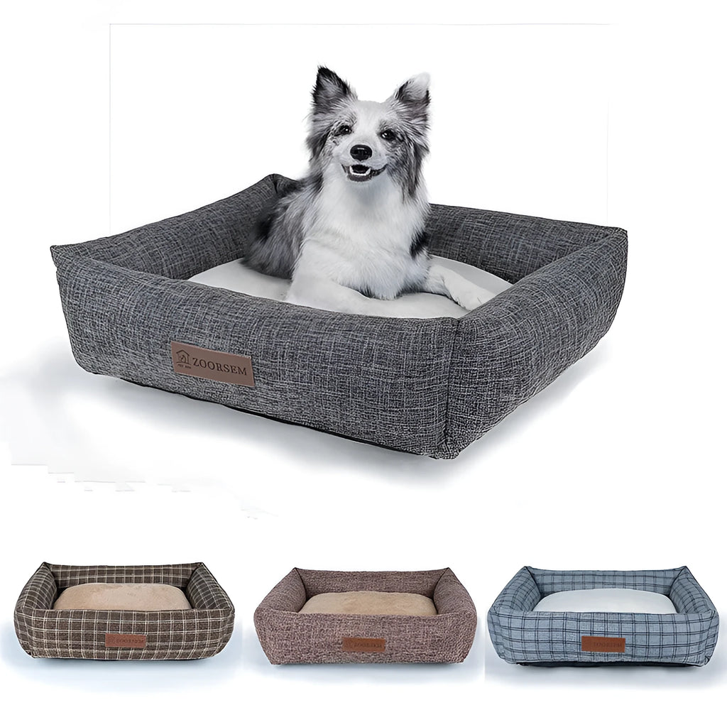Linen square pet bed for dogs in grey plaid colour with autumn winter seasonal design