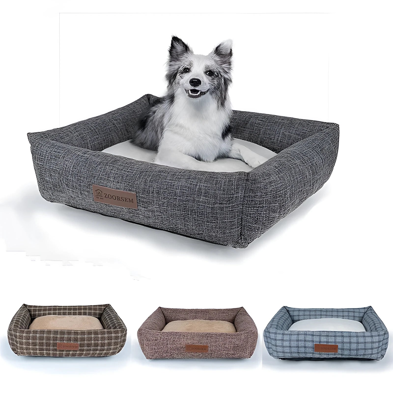 Linen square pet bed for dogs in grey plaid colour with autumn winter seasonal design