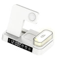 White 4-in-1 wireless charging station with foldable phone stand, LED clock display, and Apple Watch cable.