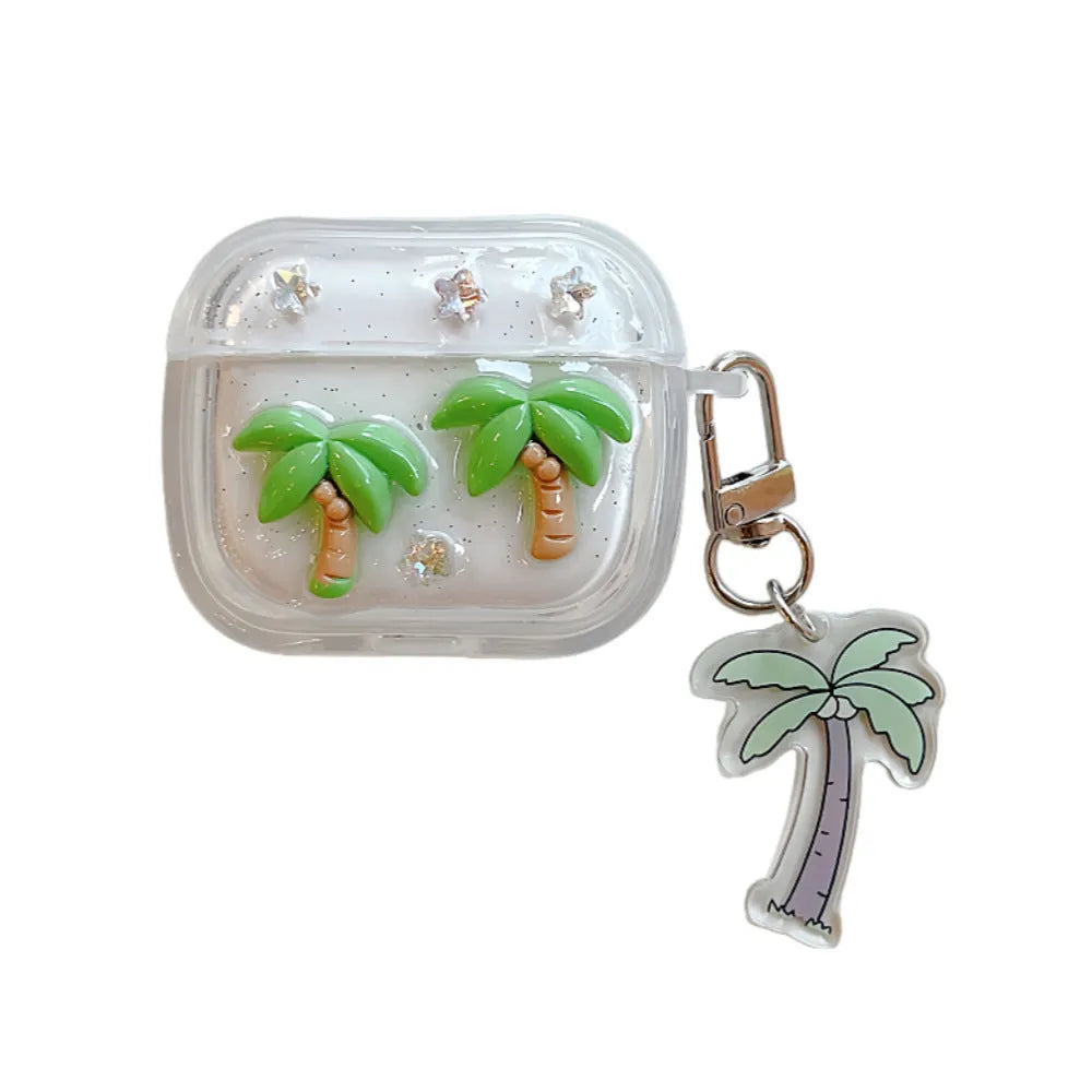 3D epoxy coconut tree TPU earphone case for Apple AirPods with optional pendant chain