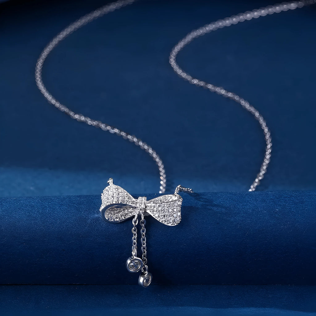 S925 sterling silver bow pendant necklace with O-ring chain, 40-45cm length