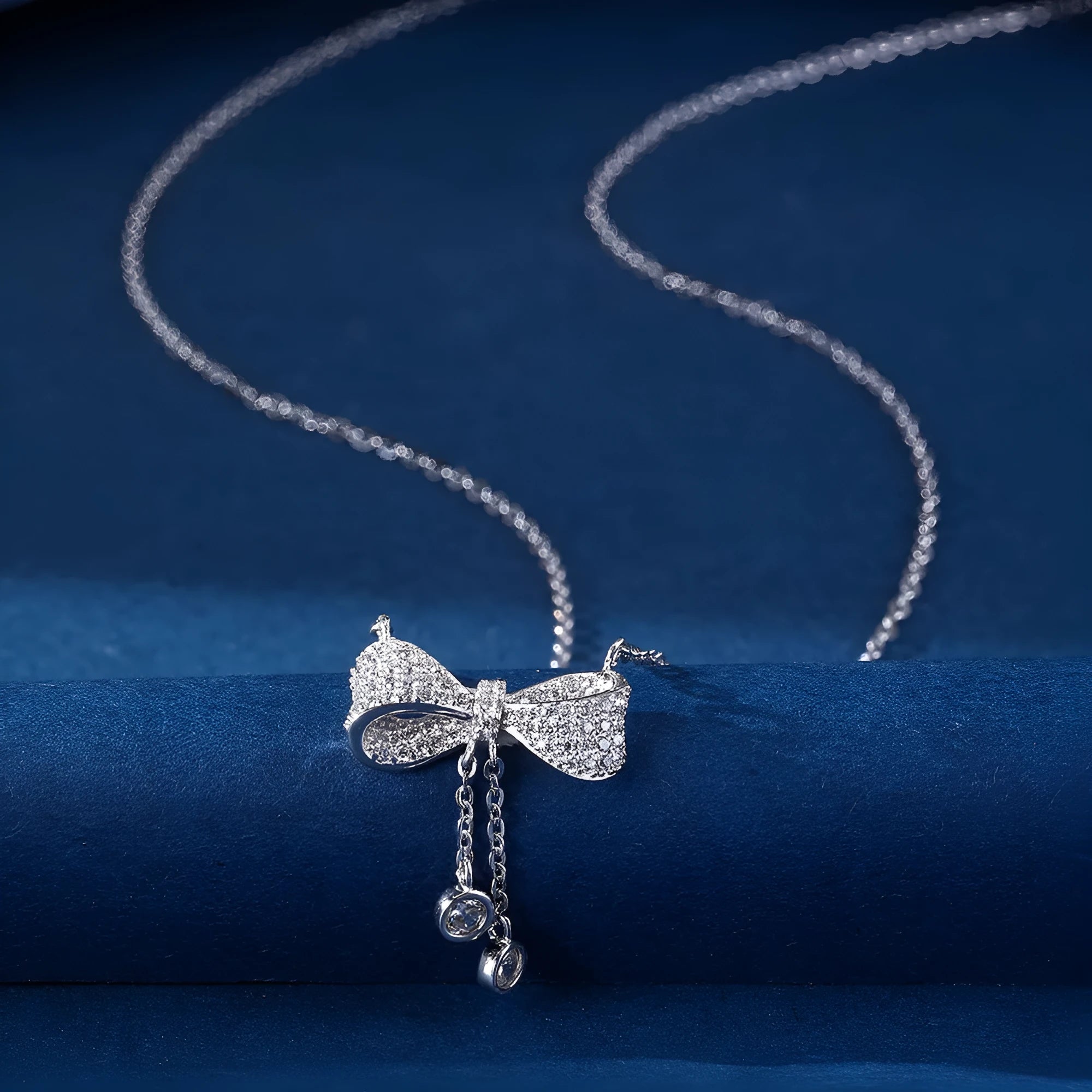 S925 sterling silver bow pendant necklace with O-ring chain, 40-45cm length