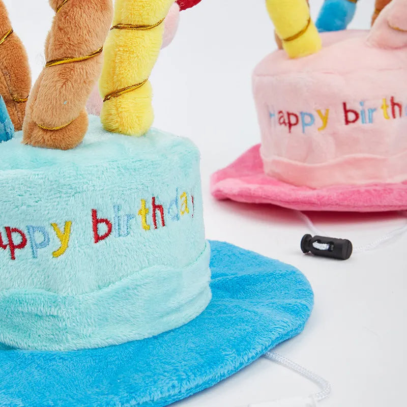 Blue and pink dog birthday hat for toy dogs measuring 21cm wide