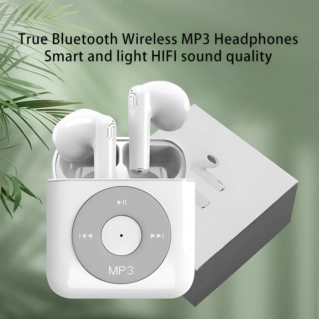 White wireless Bluetooth earphones with a semi in-ear design and a matching white charging case.