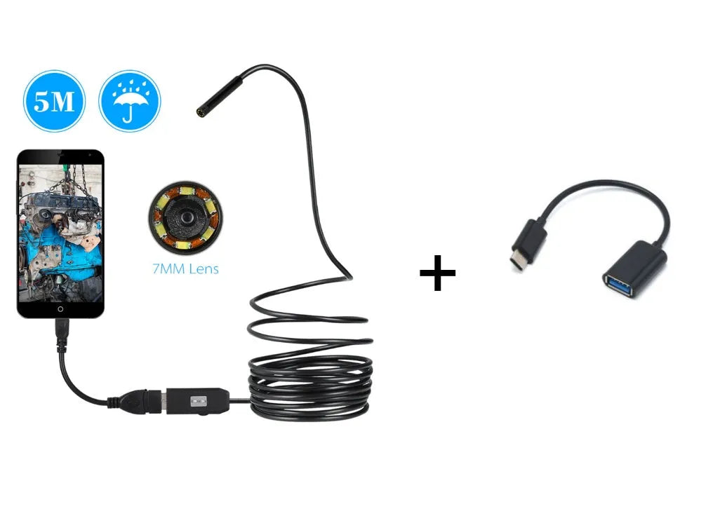 OWSOO USB endoscope with 7mm camera, 5m cable, hook, magnet, and side audition tools on a white background.