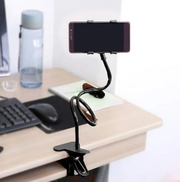 Black flexible mobile phone holder with 70cm arm and V-clamp for bedside or desk mounting