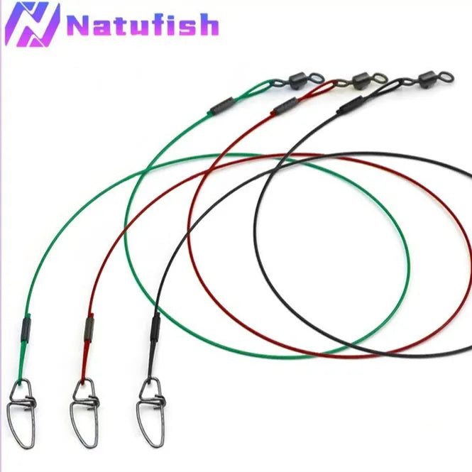 10 anti-bite steel wire fishing double buckle pins in green black red colours measuring 54cm long