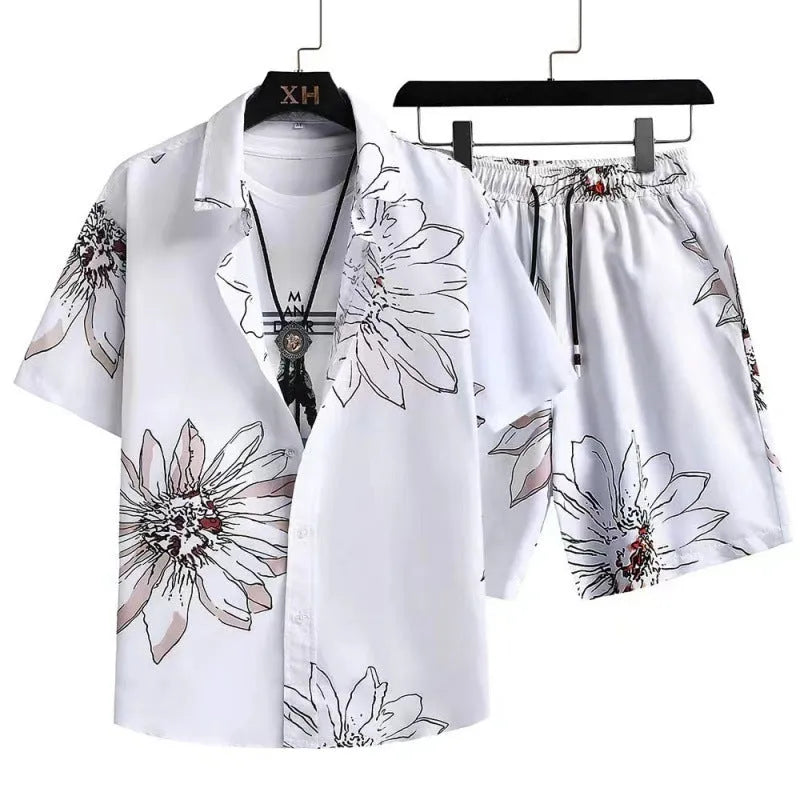 Men's digital print casual suit with cardigan and shorts in four-sided elastic polyester fabric