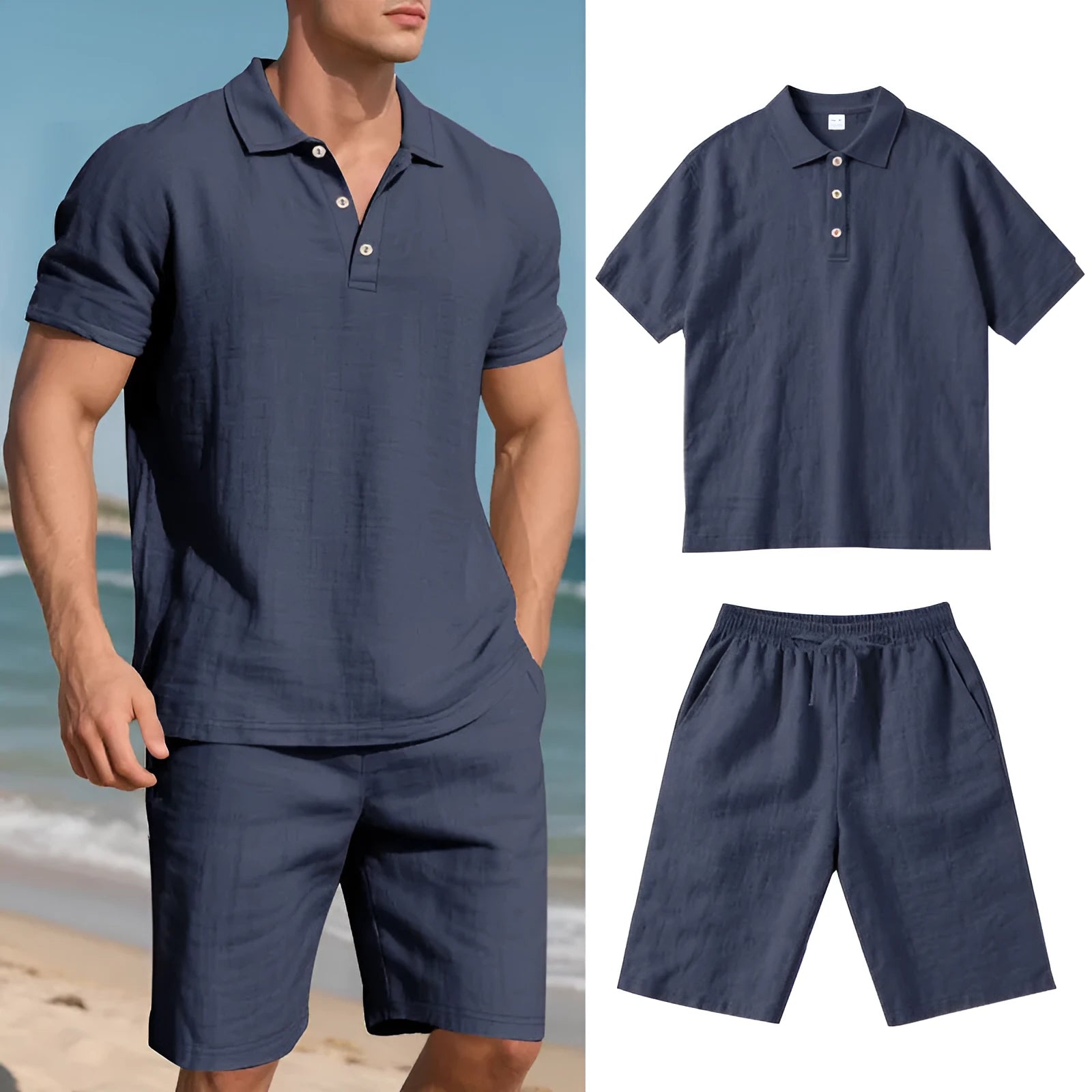 Men's linen blend shorts suit in apricot colour with short sleeves and casual fit