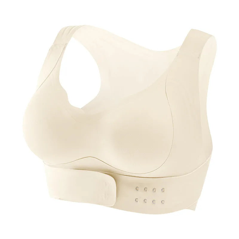 Front buckle sports bra for women in black, white, or liquid foundation colour with back shaping design