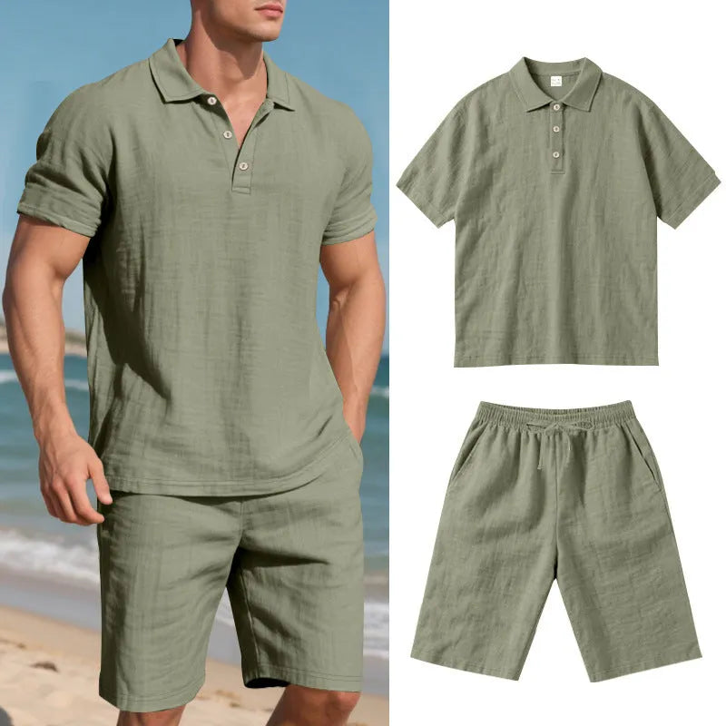 Men's linen blend shorts suit in apricot colour with short sleeves and casual fit
