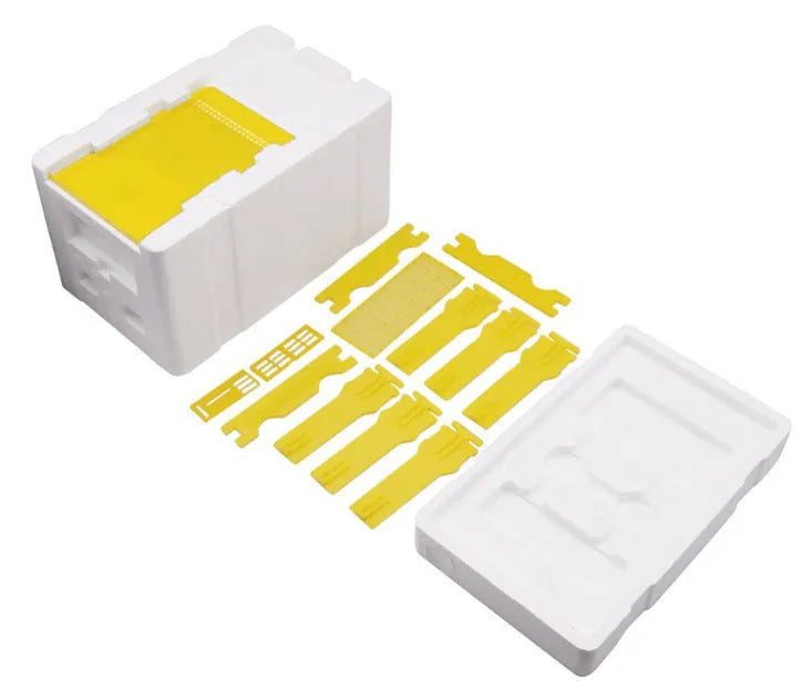 Three white EPS foam mini delivery boxes for bee breeding and hive management.
