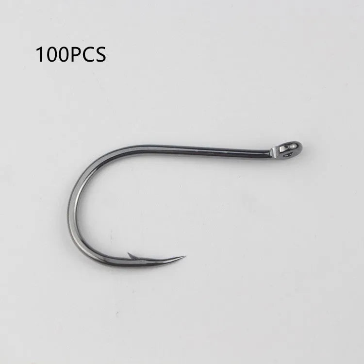 Bulk pack of barbed alloy carbon steel fishing hooks for rock and sea fishing in various sizes.