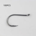 Bulk pack of barbed alloy carbon steel fishing hooks for rock and sea fishing in various sizes.